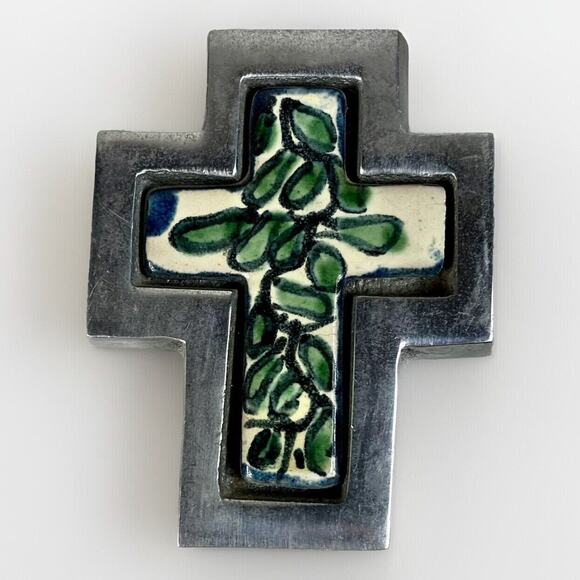 Cruz de Talavera Tile In Pewter Wall Cross - VTG ANN KARY Collectible- Mexico 4” - Picture 1 of 6